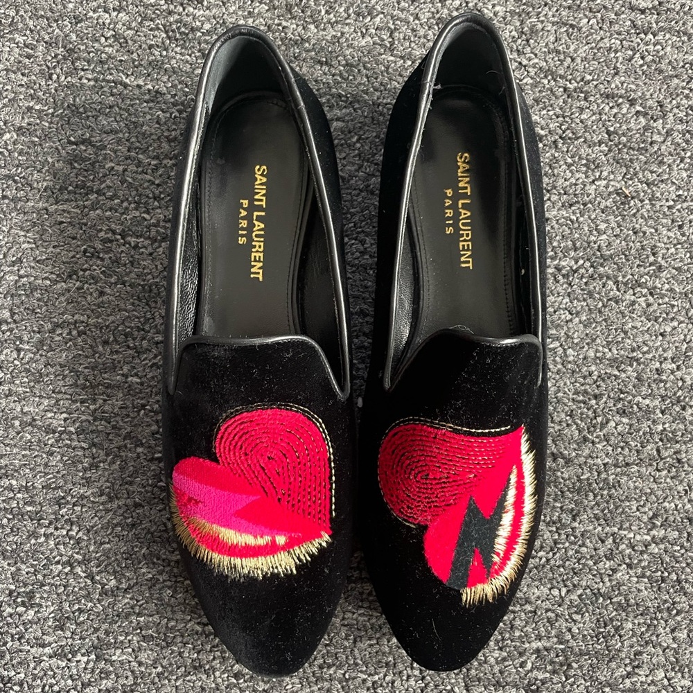 NIB YSL black flats with red, pink, and gold heart and lightning women’s 9